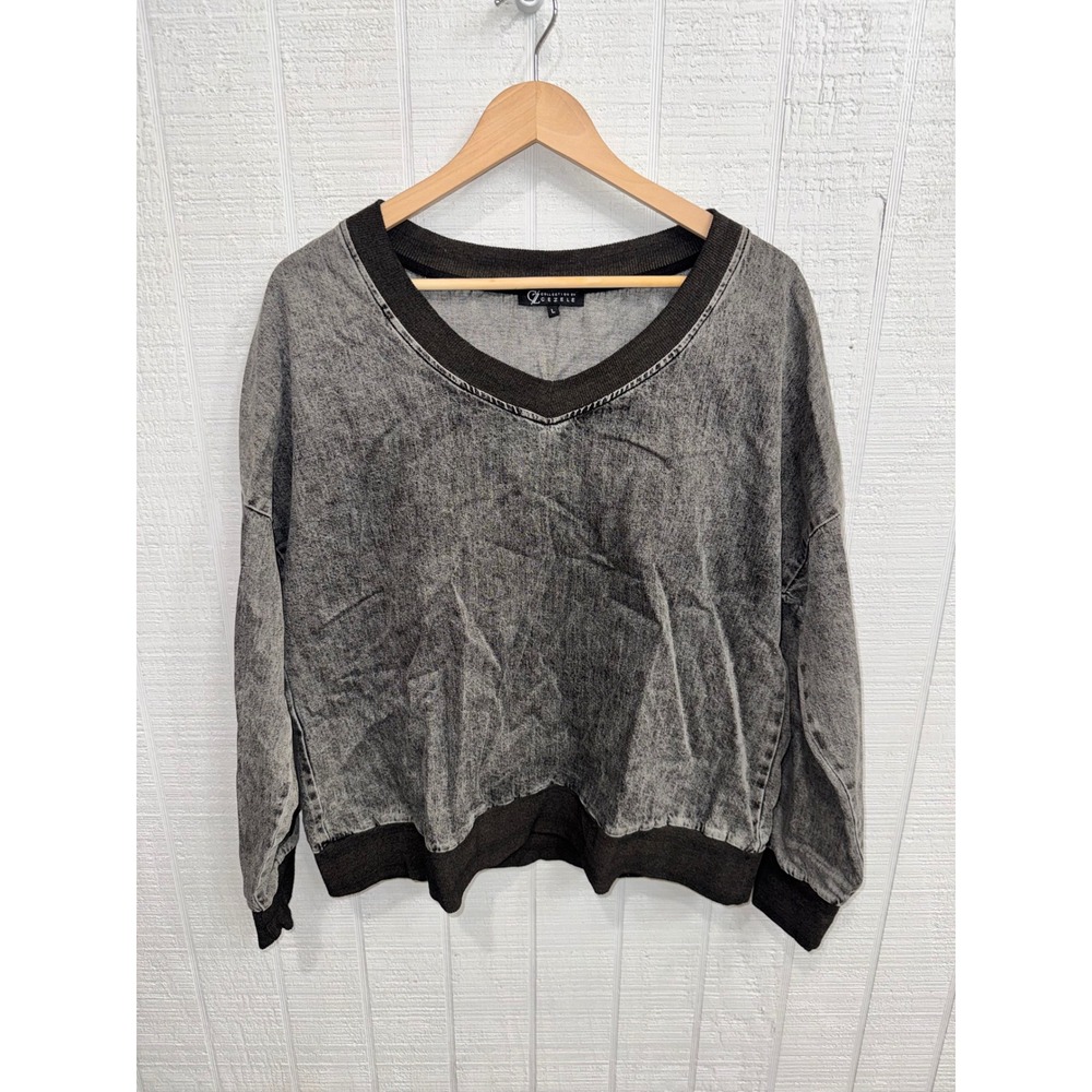 Collection by Cezele Sweatshirt Women Gray Acid Wash V-Neck Cotton L